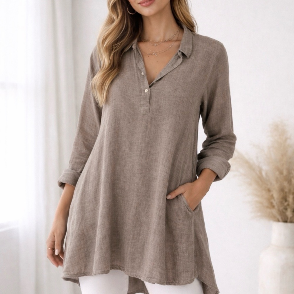 CP Shades Women’s Jasmin Tan Brown‎ Linen Cotton Tunic Dress Top Long sleeve XS